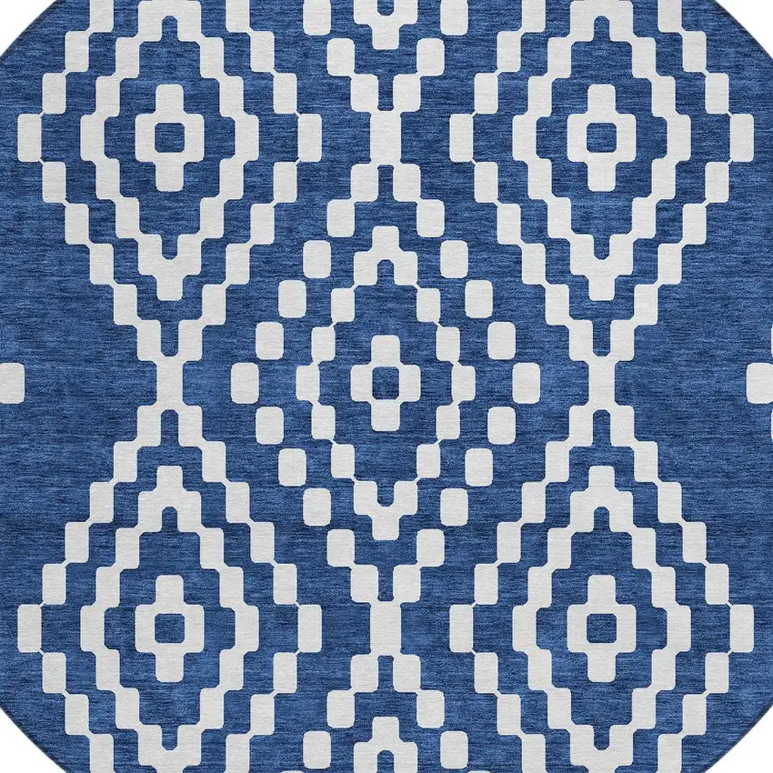 8' Navy Blue And Ivory Round Geometric Washable Indoor Outdoor Area Rug Photo 5