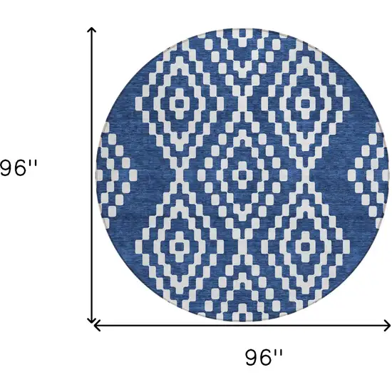 8' Navy Blue And Ivory Round Geometric Washable Indoor Outdoor Area Rug Photo 3