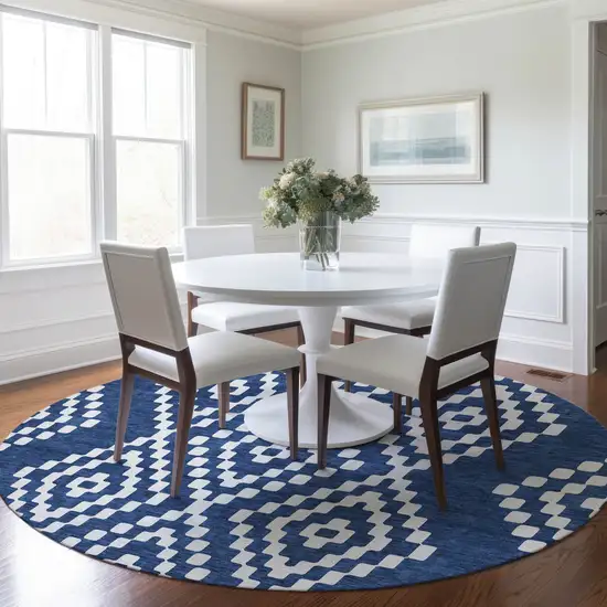 8' Navy Blue And Ivory Round Geometric Washable Indoor Outdoor Area Rug Photo 8