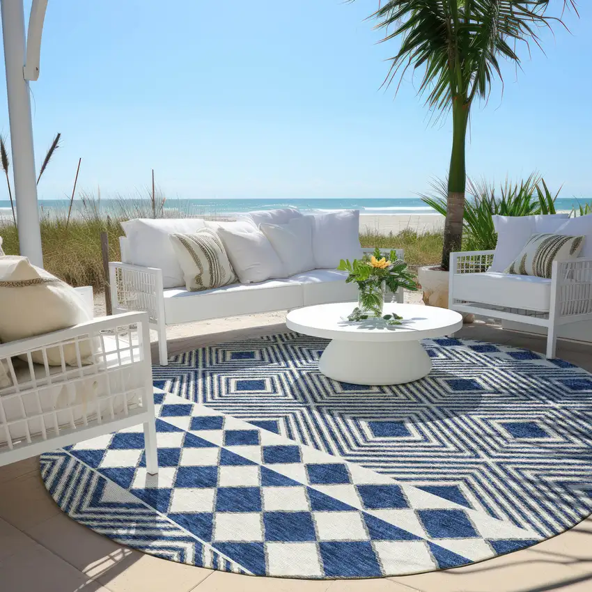 8' Navy Blue And Ivory Round Geometric Washable Indoor Outdoor Area Rug Photo 5