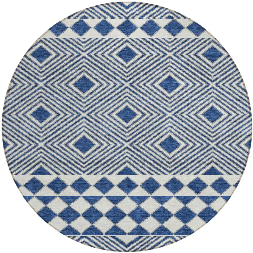 8' Navy Blue And Ivory Round Geometric Washable Indoor Outdoor Area Rug Photo 2