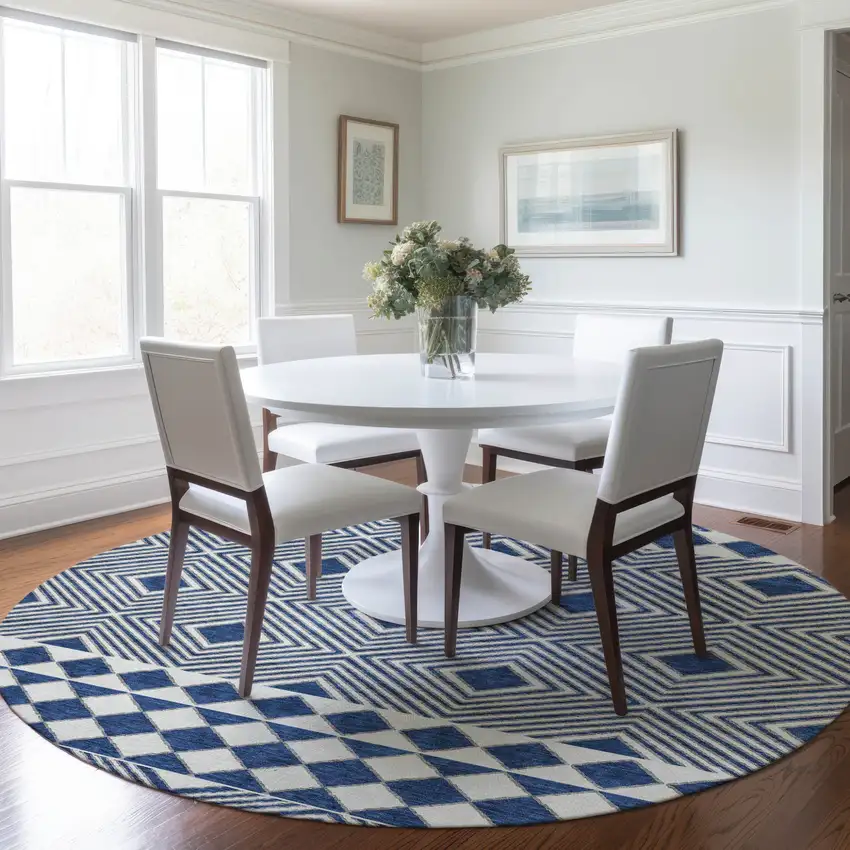 8' Navy Blue And Ivory Round Geometric Washable Indoor Outdoor Area Rug Photo 6