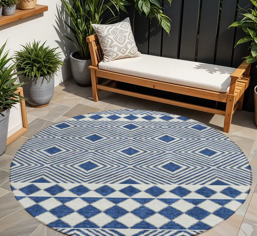 8' Navy Blue And Ivory Round Geometric Washable Indoor Outdoor Area Rug Photo 1