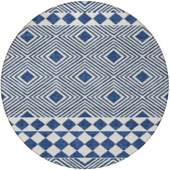 8' Navy Blue And Ivory Round Geometric Washable Indoor Outdoor Area Rug Photo 4