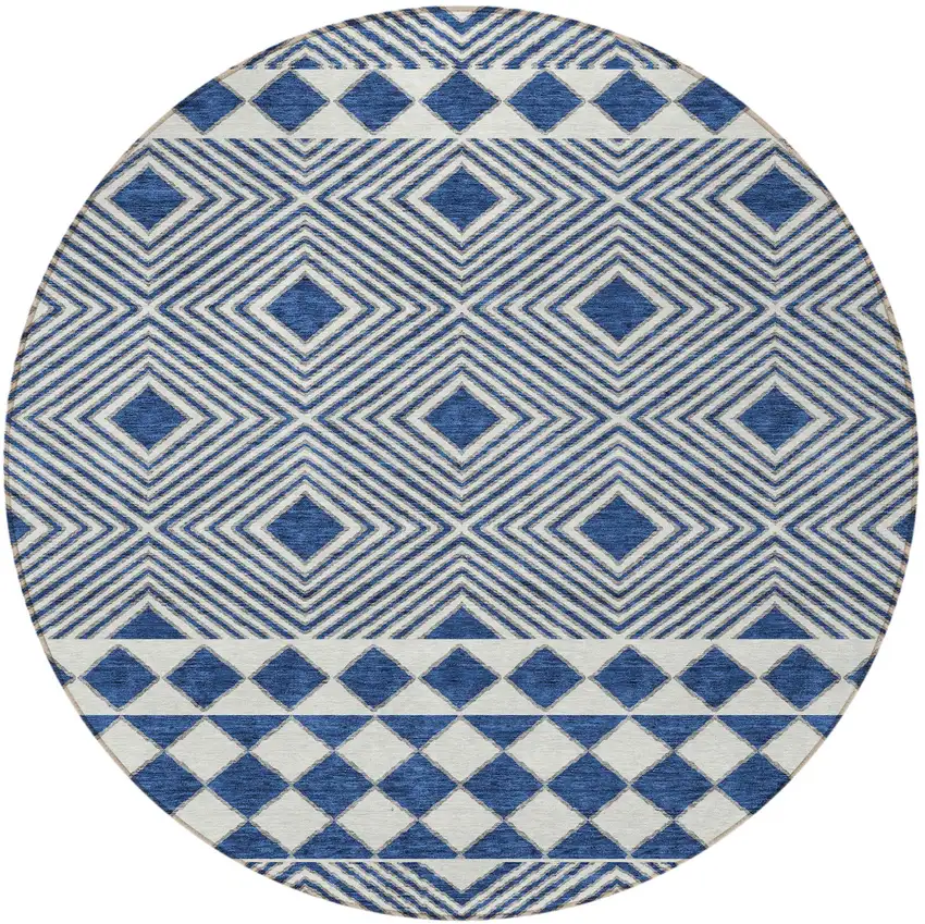 8' Navy Blue And Ivory Round Geometric Washable Indoor Outdoor Area Rug Photo 4