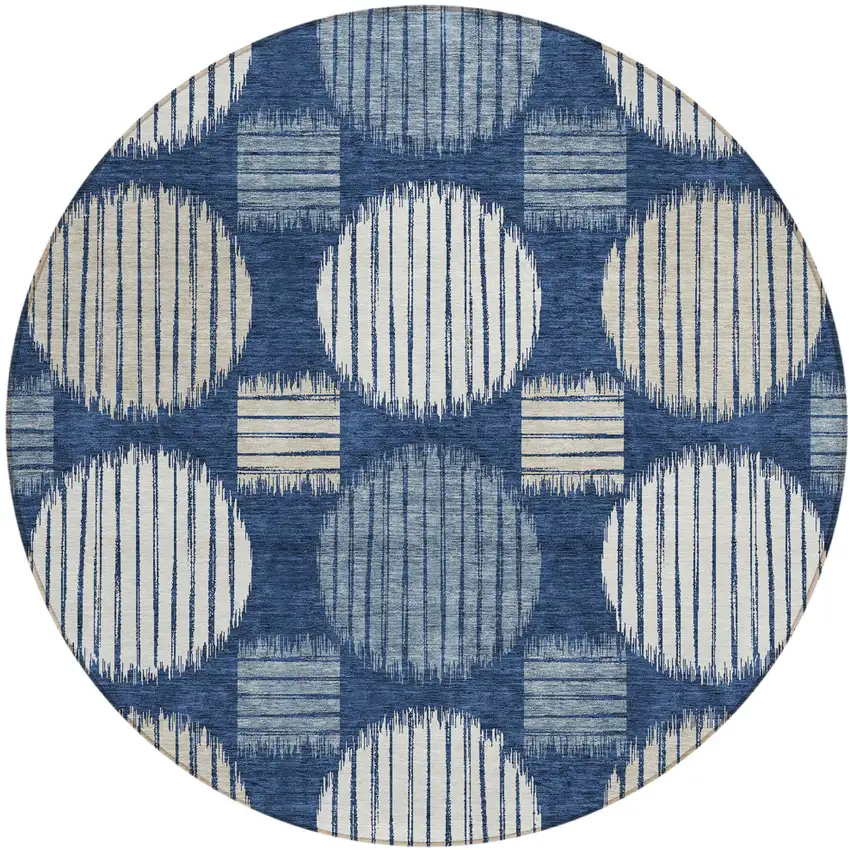 8' Navy Blue And Ivory Round Geometric Washable Indoor Outdoor Area Rug Photo 2