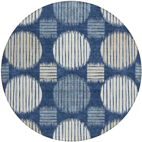 8' Navy Blue And Ivory Round Geometric Washable Indoor Outdoor Area Rug Photo 2