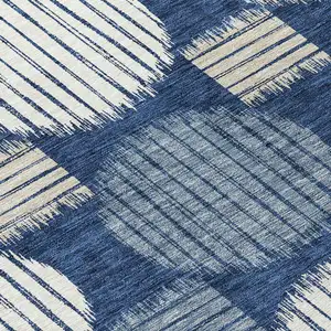 Photo of 8' Navy Blue And Ivory Round Geometric Washable Indoor Outdoor Area Rug