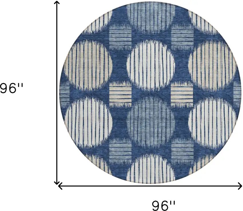 8' Navy Blue And Ivory Round Geometric Washable Indoor Outdoor Area Rug Photo 3