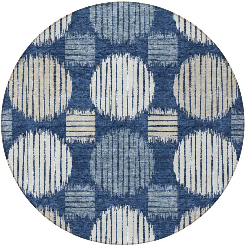 8' Navy Blue And Ivory Round Geometric Washable Indoor Outdoor Area Rug Photo 6