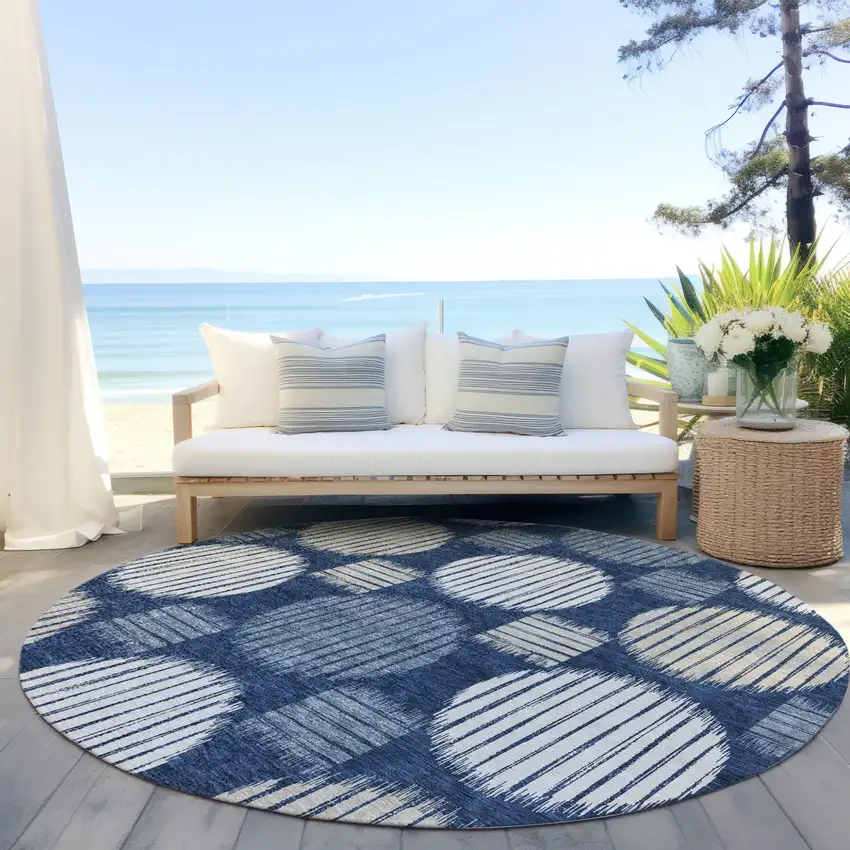8' Navy Blue And Ivory Round Geometric Washable Indoor Outdoor Area Rug Photo 7