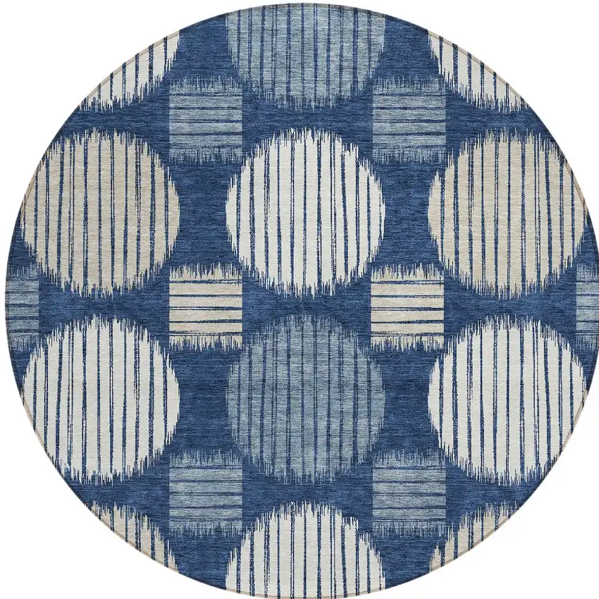 8' Navy Blue And Ivory Round Geometric Washable Indoor Outdoor Area Rug Photo 5
