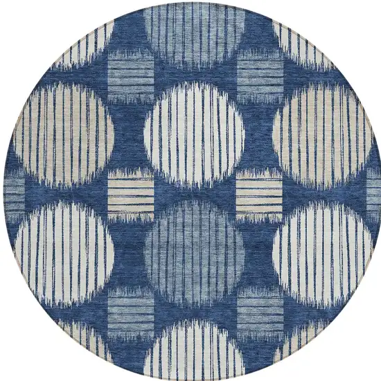 8' Navy Blue And Ivory Round Geometric Washable Indoor Outdoor Area Rug Photo 5