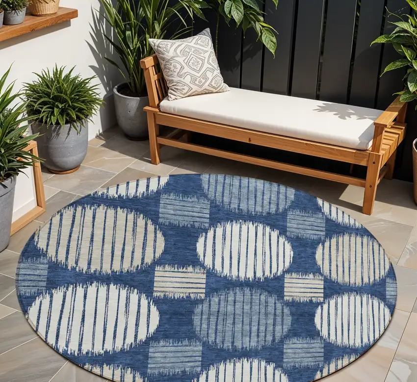 8' Navy Blue And Ivory Round Geometric Washable Indoor Outdoor Area Rug Photo 1