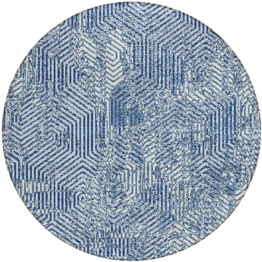 8' Navy Blue And Ivory Round Geometric Washable Indoor Outdoor Area Rug Photo 2