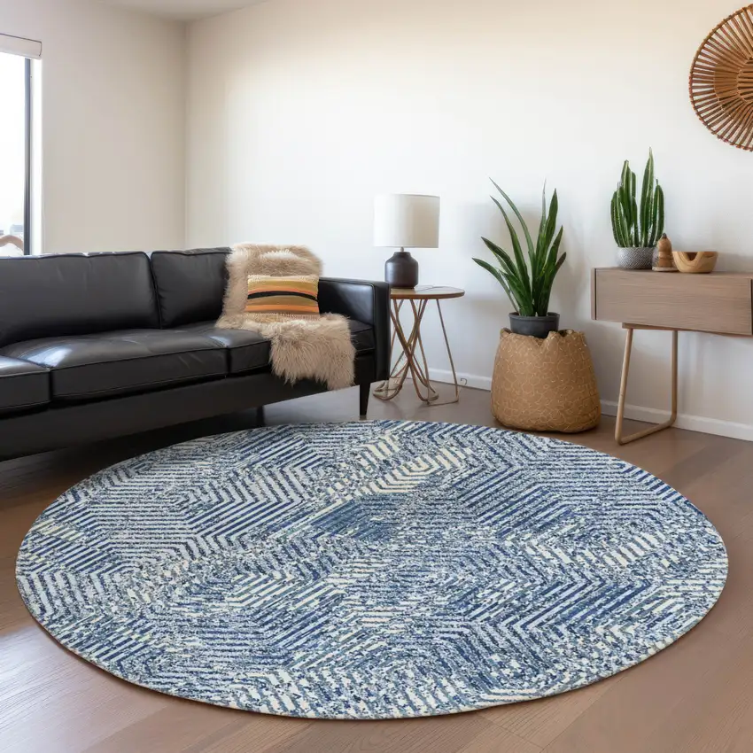 8' Navy Blue And Ivory Round Geometric Washable Indoor Outdoor Area Rug Photo 7
