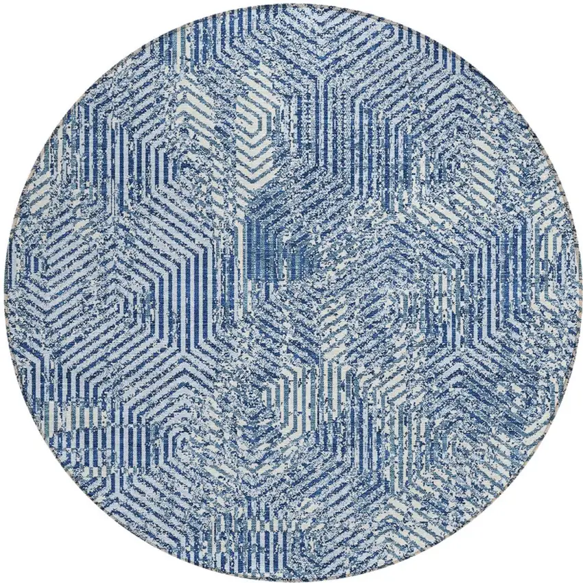 8' Navy Blue And Ivory Round Geometric Washable Indoor Outdoor Area Rug Photo 5