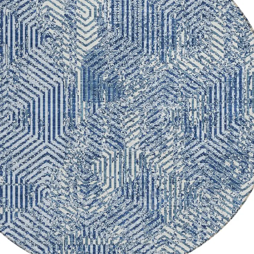 8' Navy Blue And Ivory Round Geometric Washable Indoor Outdoor Area Rug Photo 4