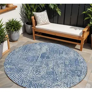 Photo of 8' Navy Blue And Ivory Round Geometric Washable Indoor Outdoor Area Rug