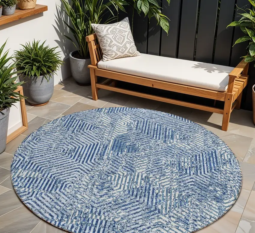 8' Navy Blue And Ivory Round Geometric Washable Indoor Outdoor Area Rug Photo 1