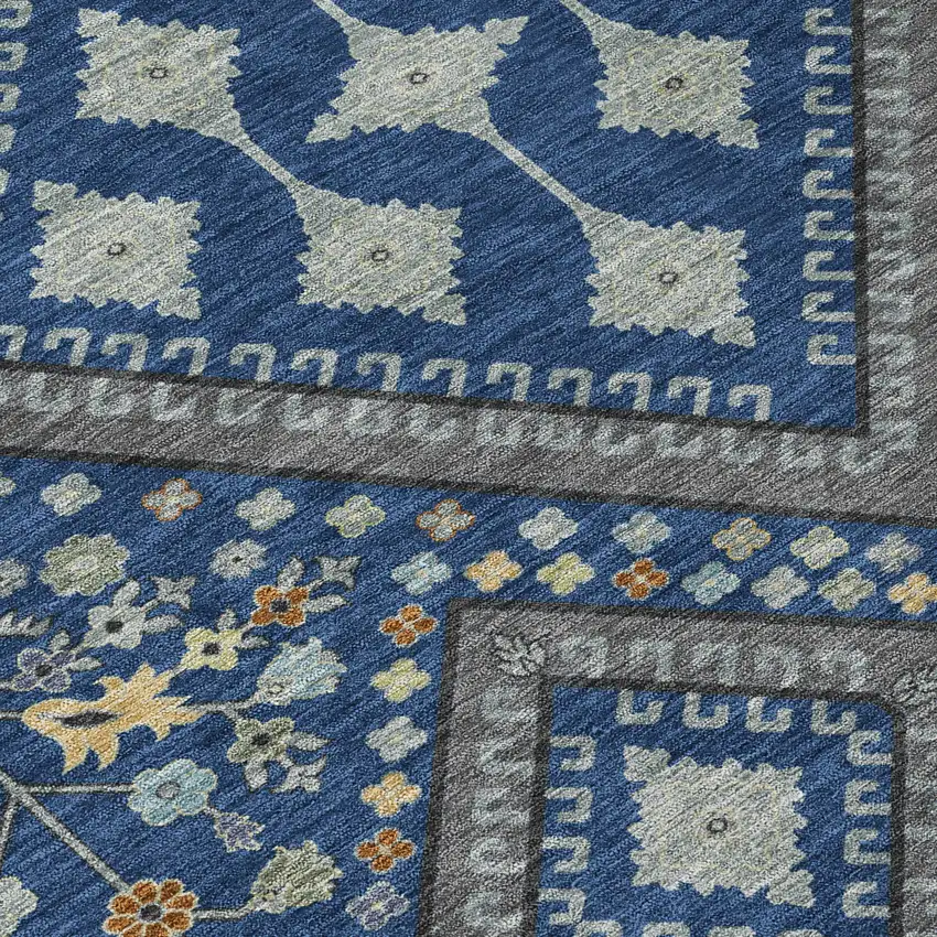 8' Navy Blue And Ivory Round Medallion Washable Indoor Outdoor Area Rug Photo 6