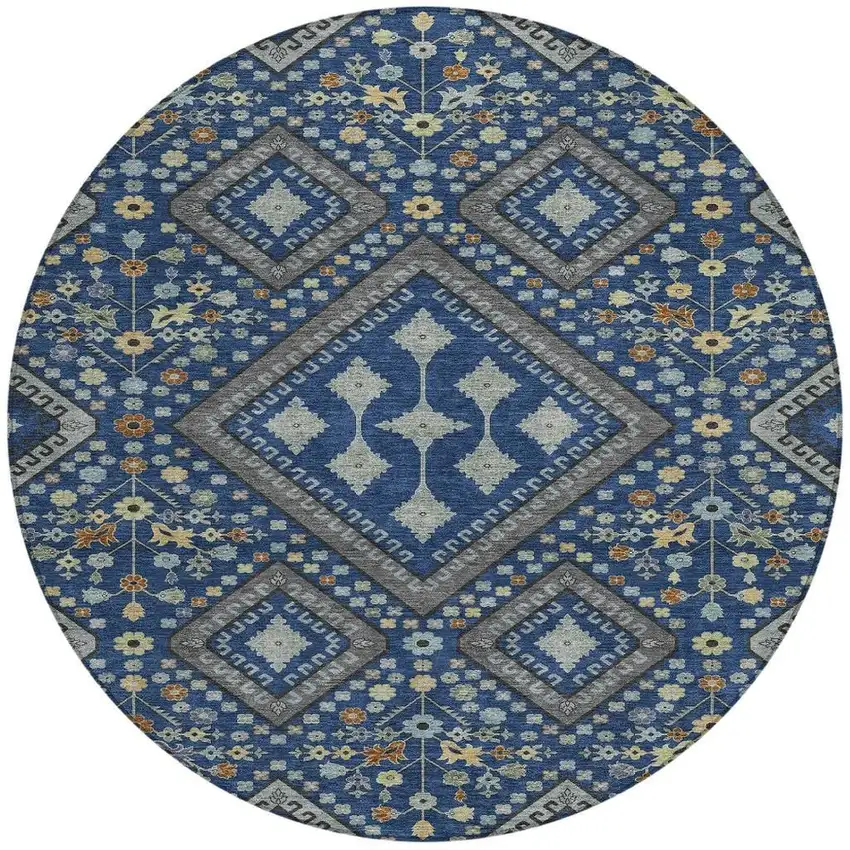 8' Navy Blue And Ivory Round Medallion Washable Indoor Outdoor Area Rug Photo 2