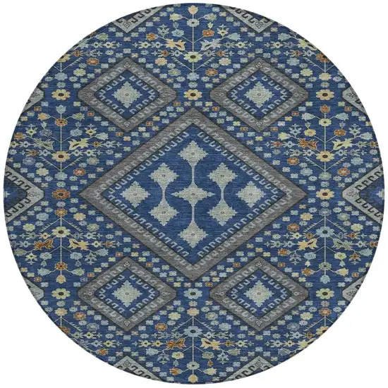 8' Navy Blue And Ivory Round Medallion Washable Indoor Outdoor Area Rug Photo 2