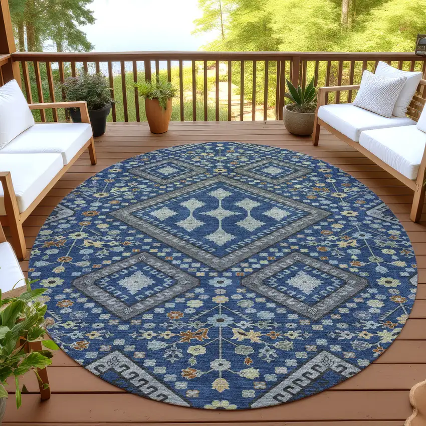 8' Navy Blue And Ivory Round Medallion Washable Indoor Outdoor Area Rug Photo 4