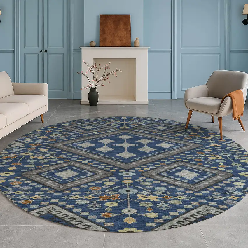 8' Navy Blue And Ivory Round Medallion Washable Indoor Outdoor Area Rug Photo 5