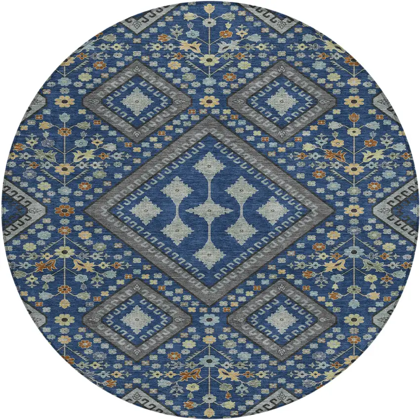 8' Navy Blue And Ivory Round Medallion Washable Indoor Outdoor Area Rug Photo 1
