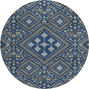 Photo of 8' Navy Blue And Ivory Round Medallion Washable Indoor Outdoor Area Rug