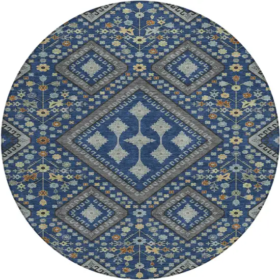 8' Navy Blue And Ivory Round Medallion Washable Indoor Outdoor Area Rug Photo 1