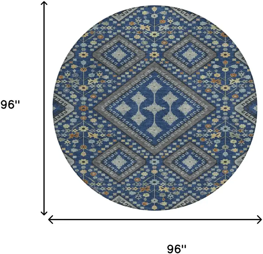 8' Navy Blue And Ivory Round Medallion Washable Indoor Outdoor Area Rug Photo 7