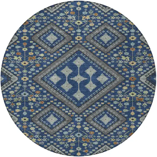 8' Navy Blue And Ivory Round Medallion Washable Indoor Outdoor Area Rug Photo 3