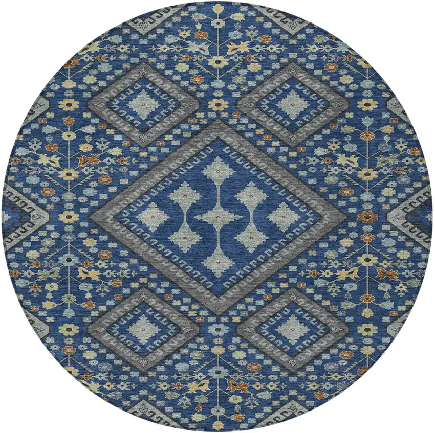 8' Navy Blue And Ivory Round Medallion Washable Indoor Outdoor Area Rug Photo 3