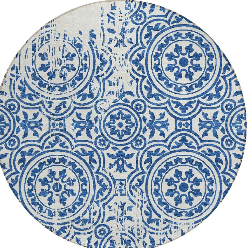 8' Navy Blue And Ivory Round Medallion Washable Indoor Outdoor Area Rug Photo 4