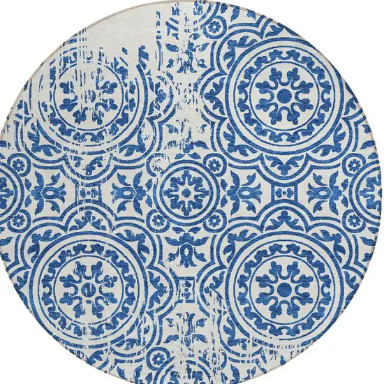 8' Navy Blue And Ivory Round Medallion Washable Indoor Outdoor Area Rug Photo 4