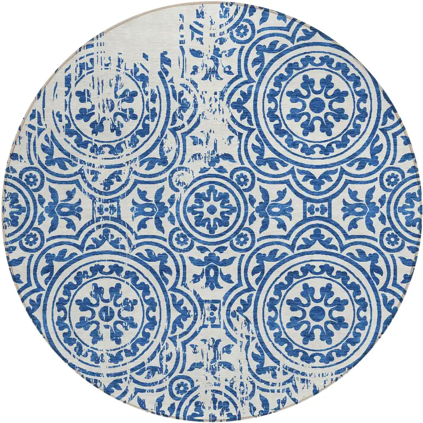 8' Navy Blue And Ivory Round Medallion Washable Indoor Outdoor Area Rug Photo 1
