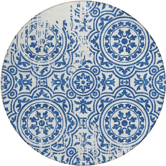 8' Navy Blue And Ivory Round Medallion Washable Indoor Outdoor Area Rug Photo 1