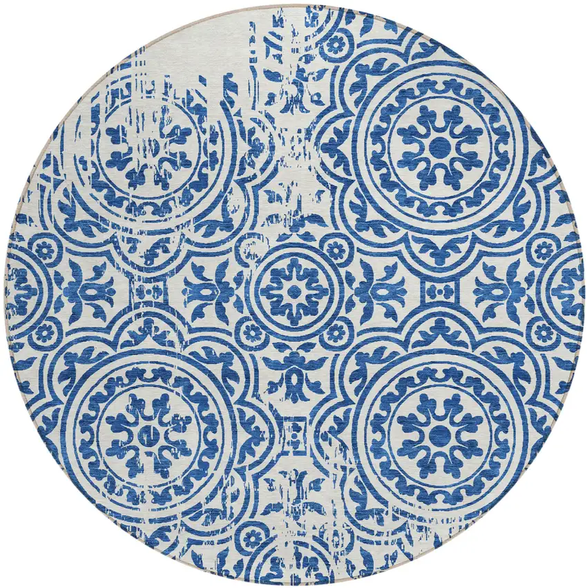 8' Navy Blue And Ivory Round Medallion Washable Indoor Outdoor Area Rug Photo 1