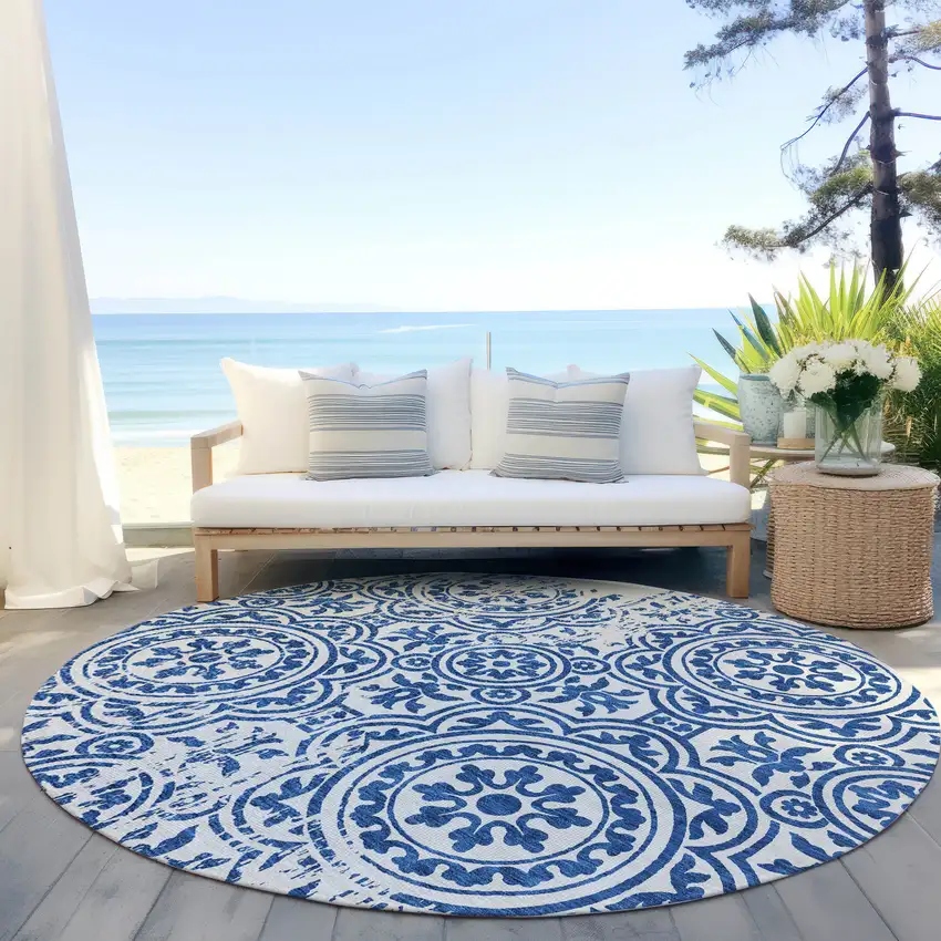 8' Navy Blue And Ivory Round Medallion Washable Indoor Outdoor Area Rug Photo 6