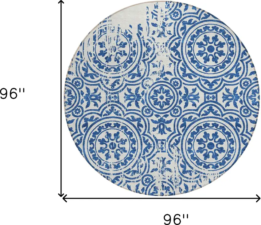 8' Navy Blue And Ivory Round Medallion Washable Indoor Outdoor Area Rug Photo 8