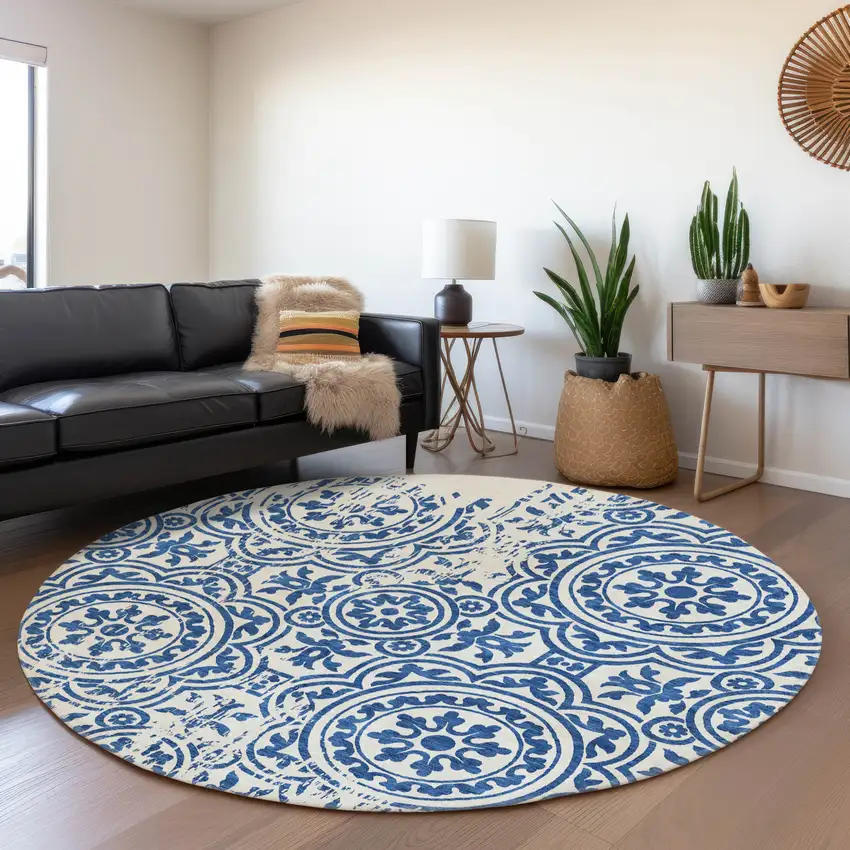 8' Navy Blue And Ivory Round Medallion Washable Indoor Outdoor Area Rug Photo 7