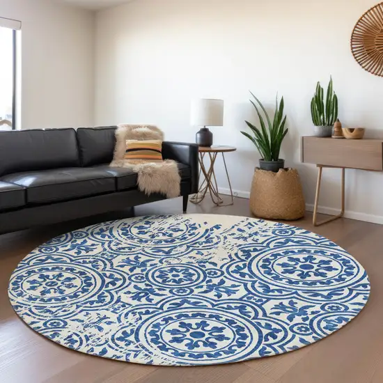 8' Navy Blue And Ivory Round Medallion Washable Indoor Outdoor Area Rug Photo 7