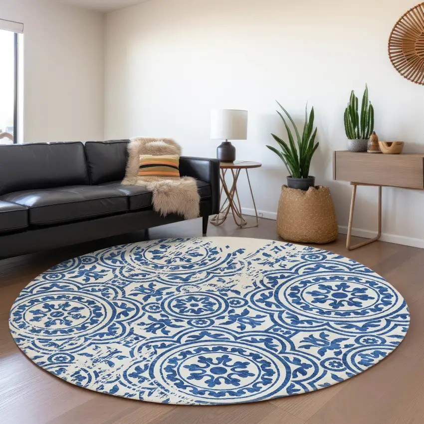 8' Navy Blue And Ivory Round Medallion Washable Indoor Outdoor Area Rug Photo 7