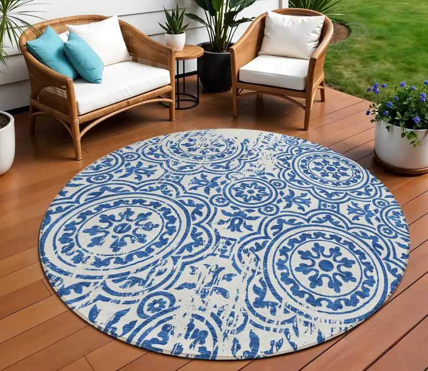 8' Navy Blue And Ivory Round Medallion Washable Indoor Outdoor Area Rug Photo 1