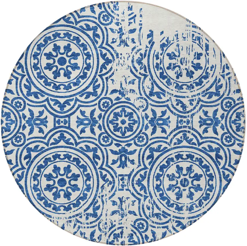 8' Navy Blue And Ivory Round Medallion Washable Indoor Outdoor Area Rug Photo 5