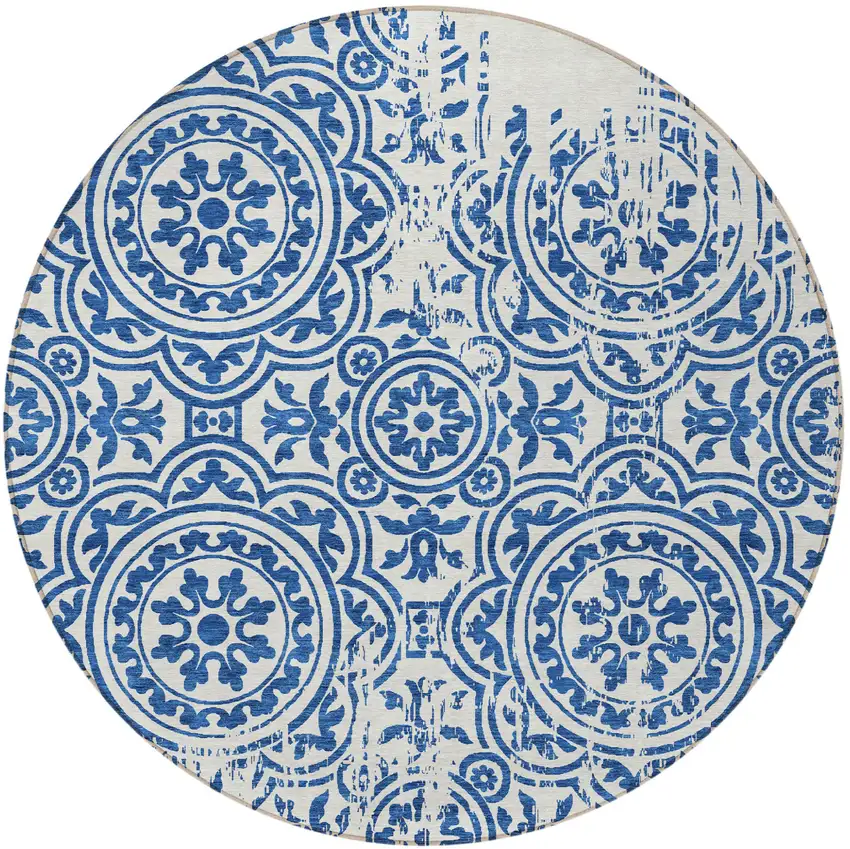 8' Navy Blue And Ivory Round Medallion Washable Indoor Outdoor Area Rug Photo 5