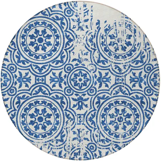 8' Navy Blue And Ivory Round Medallion Washable Indoor Outdoor Area Rug Photo 5