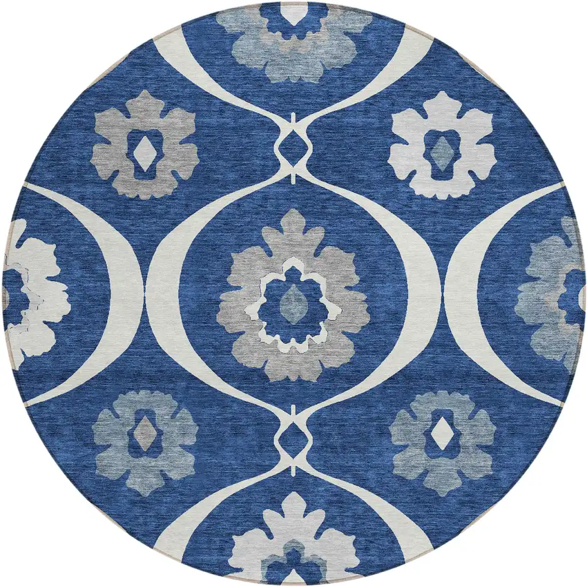 8' Navy Blue And Ivory Round Medallion Washable Indoor Outdoor Area Rug Photo 2